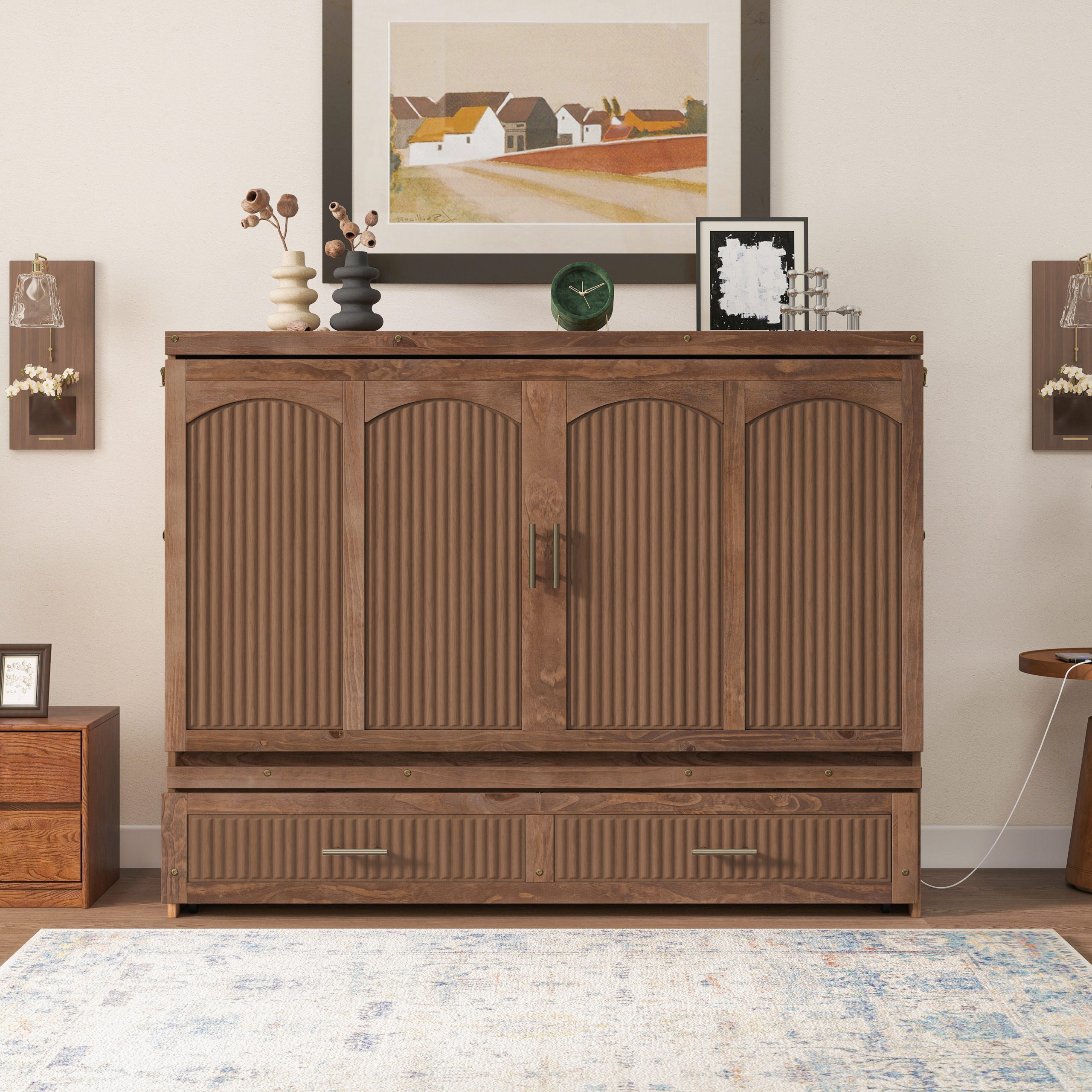 Pine Wood Cabinet Bed with Charging Station and Ripple Decoration Panels