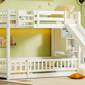 Twin Over Twin Bunk Bed With Slide, Storage Staircase, Bedside Storage Rack, LED Lights