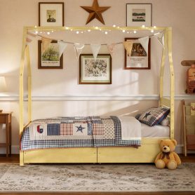 Wood House Shape Twin Montessori Bed with 2 Storage Drawers