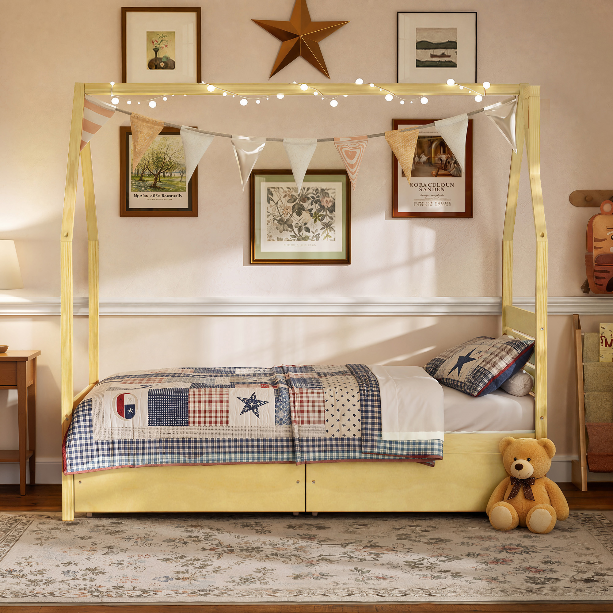 Wood House Shape Twin Montessori Bed with 2 Storage Drawers