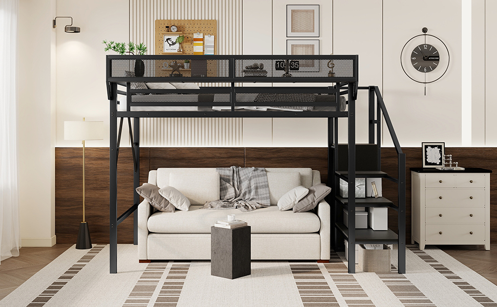 Metal Twin Xl Size Loft Bed With Stairs, Storage Shelves and Wardrobe
