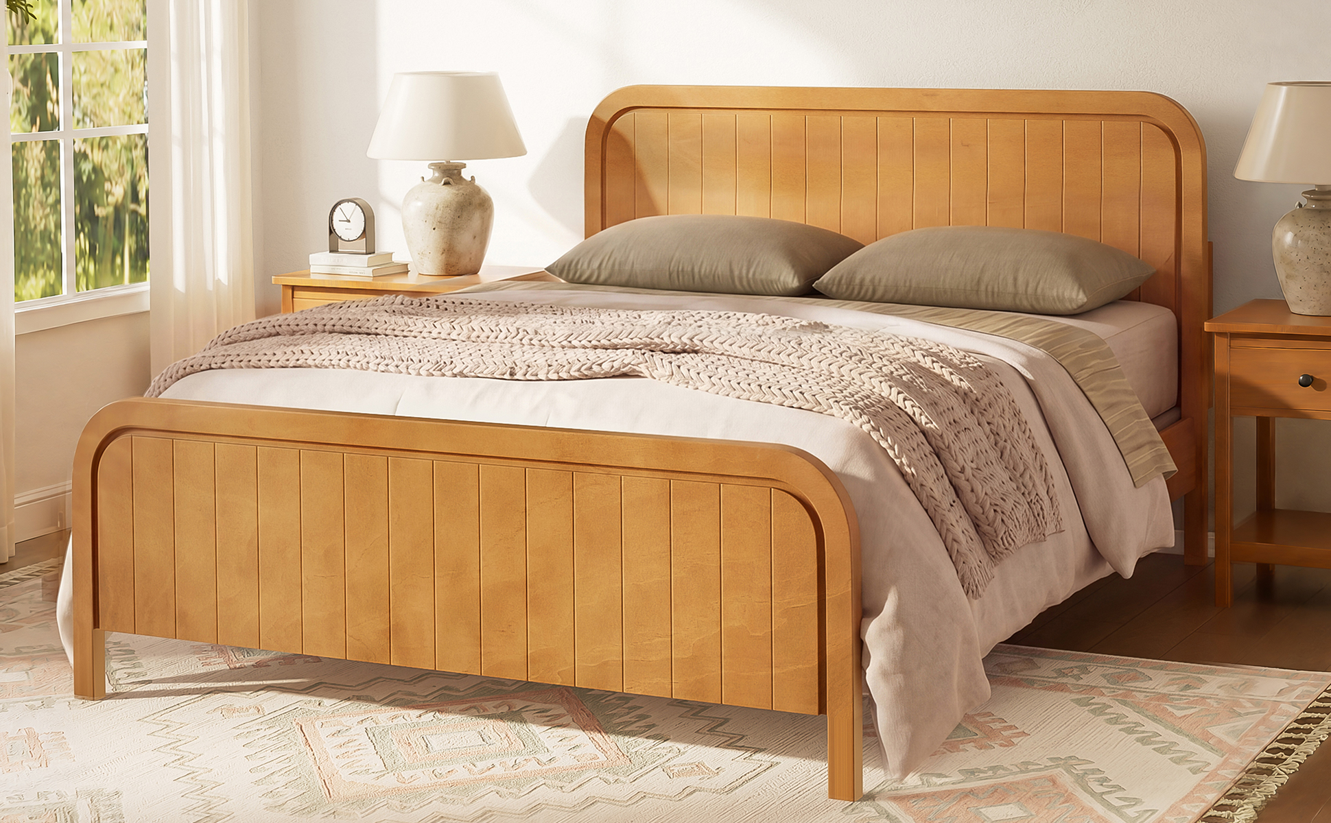 Wood Queen Bed Frame With Headboard, Noise-free Design, No Box Spring Needed