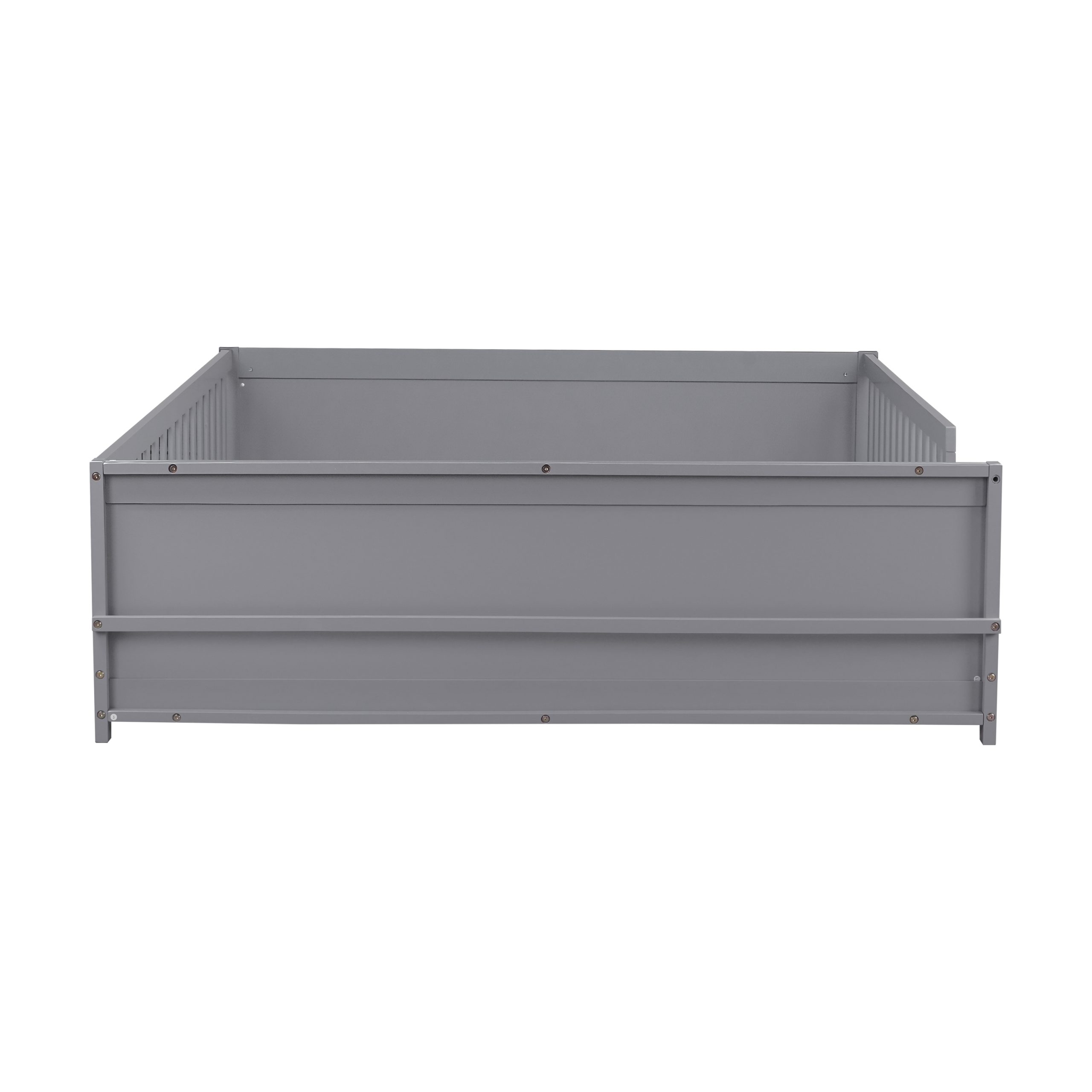 Full Size Rubber Wood Floor Bed with Guardrails, Built-in Book Rack