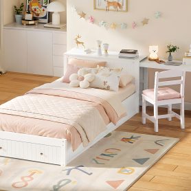 Twin Wood Bed Frame with wide Headboard, Footboard Drawers & Side Shelves