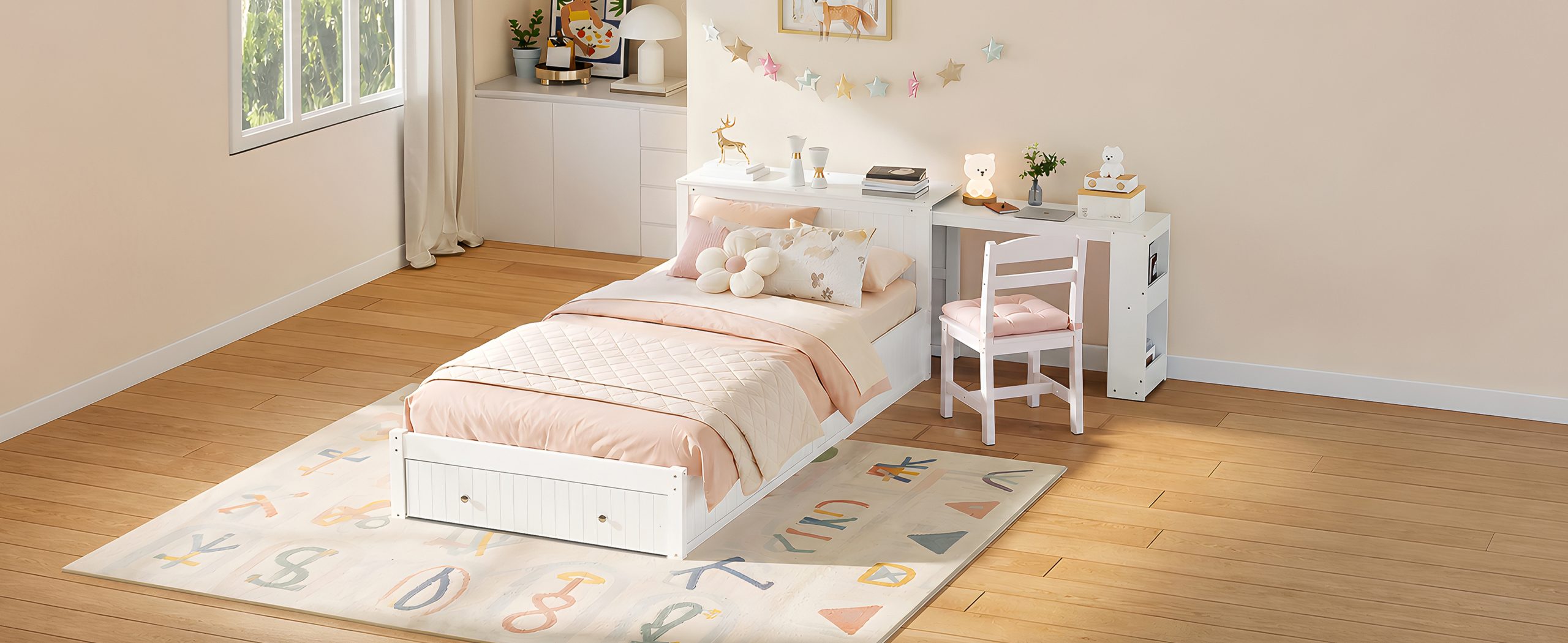 Twin Wood Bed Frame with wide Headboard, Footboard Drawers & Side Shelves