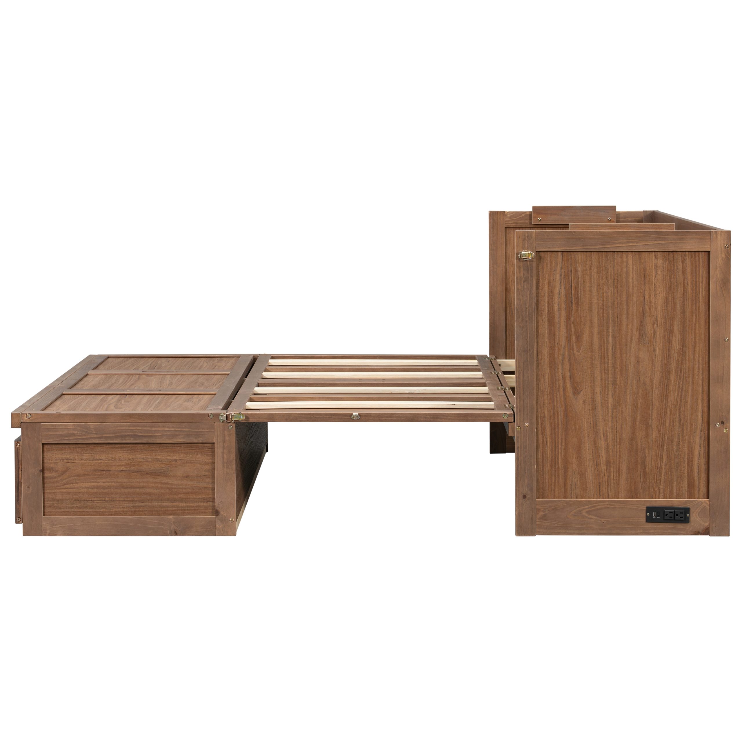 Pine Wood Cabinet Bed with Charging Station and Ripple Decoration Panels