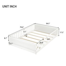 Full Size Rubber Wood Floor Bed with Guardrails, Built-in Book Rack, Door
