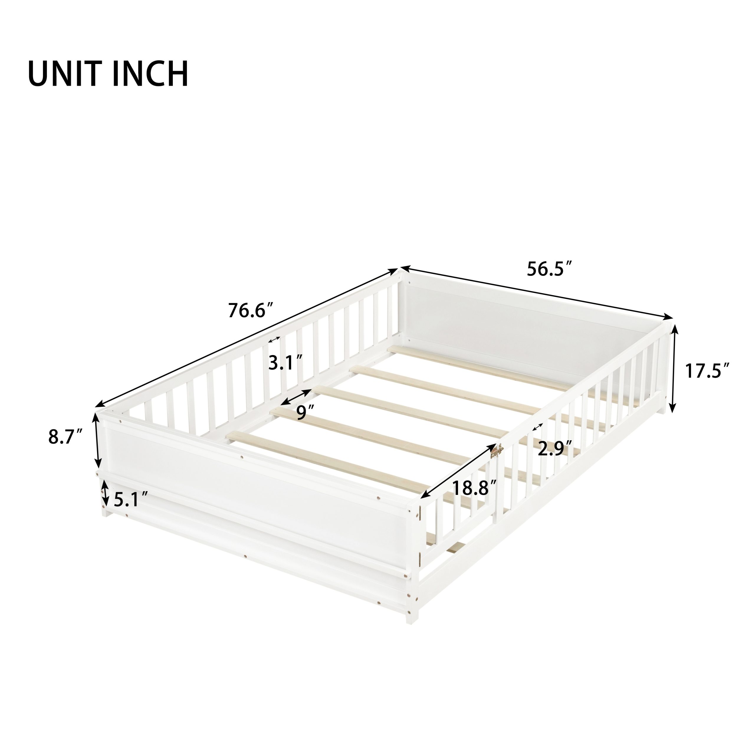 Full Size Rubber Wood Floor Bed with Guardrails, Built-in Book Rack, Door