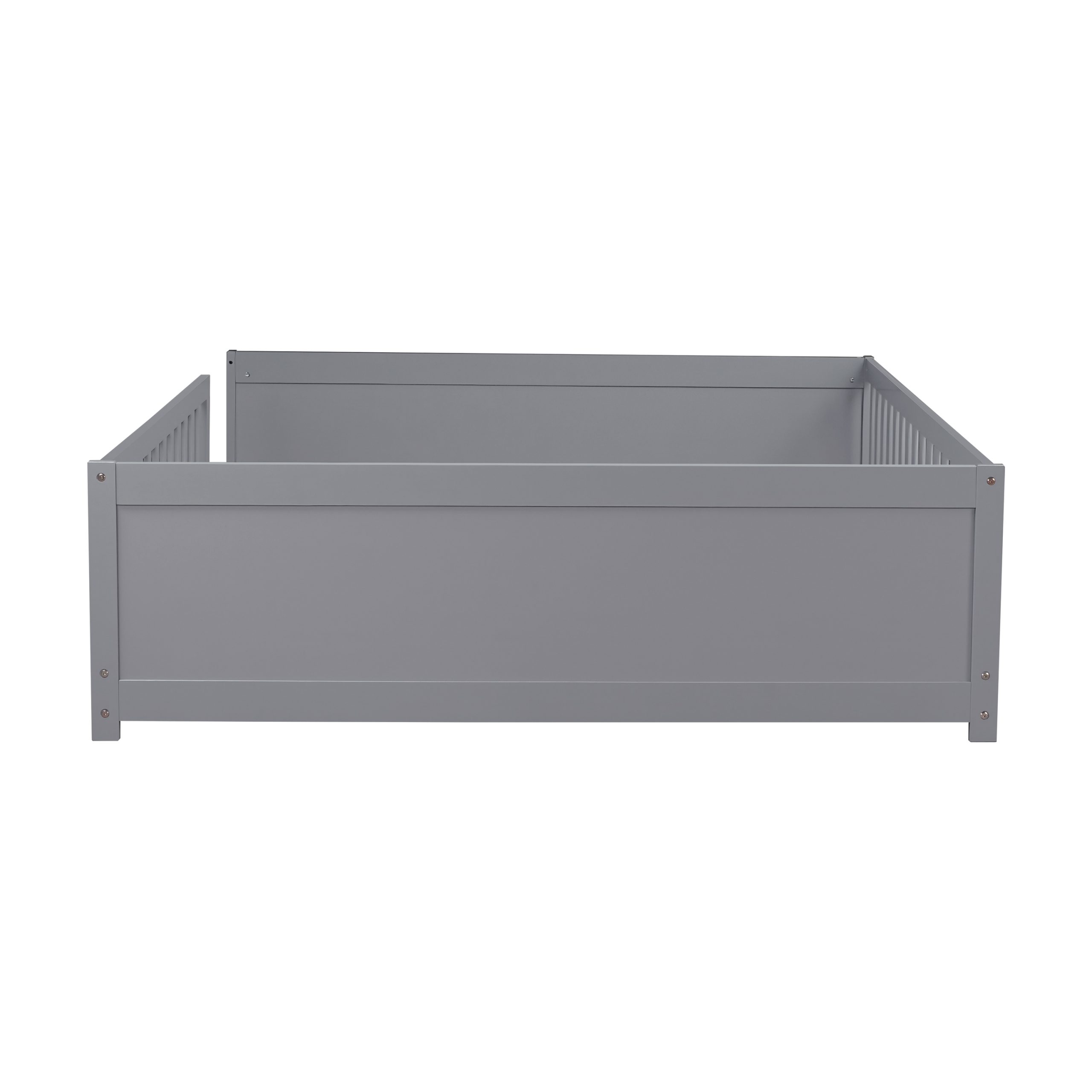 Full Size Rubber Wood Floor Bed with Guardrails, Built-in Book Rack