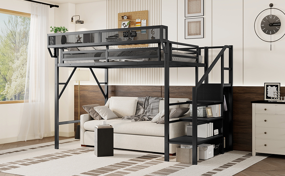 Metal Twin Xl Size Loft Bed With Stairs, Storage Shelves and Wardrobe