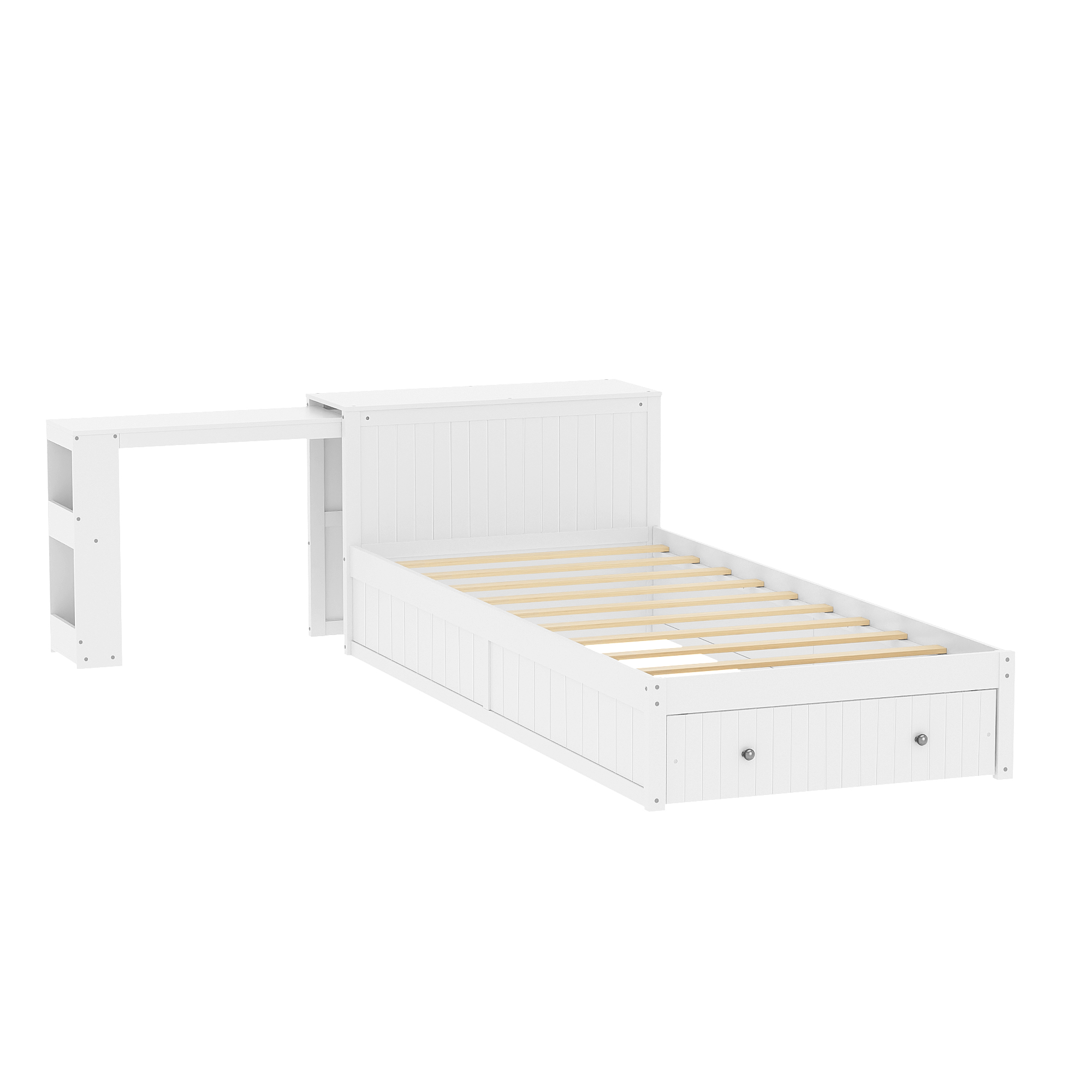 Twin Wood Bed Frame with wide Headboard, Footboard Drawers & Side Shelves