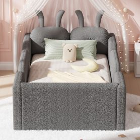 Upholstered Twin Size Platform Bed with Rabbit Cushion