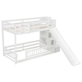 Twin Over Twin Bunk Bed With Slide, Storage Staircase, Bedside Storage Rack, LED Lights