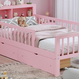 Twin Size Bed with Headboard Storage Rack, Two Under-Bed Drawers, Three-Side Guardrails for Safety and Securit