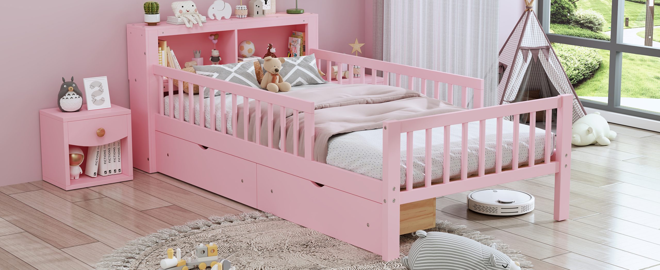 Twin Size Bed with Headboard Storage Rack, Two Under-Bed Drawers, Three-Side Guardrails for Safety and Securit
