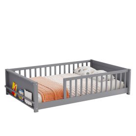Full Size Rubber Wood Floor Bed with Guardrails, Built-in Book Rack