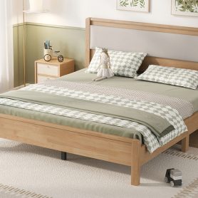 Queen Size Solid Rubber Wooden Bed With Upholstered Headboard