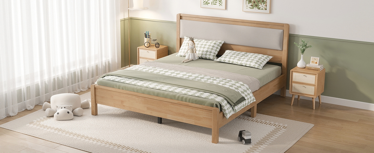 Queen Size Solid Rubber Wooden Bed With Upholstered Headboard