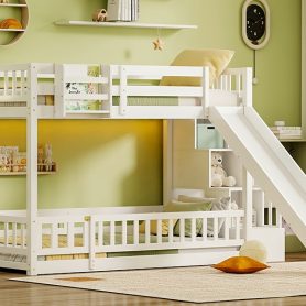 Twin Over Twin Bunk Bed With Slide, Storage Staircase, Bedside Storage Rack, LED Lights
