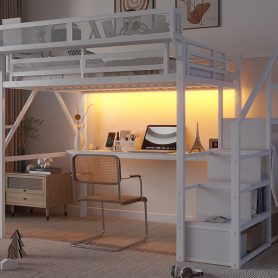 Metal Full Loft Bed With Desk, Charging Station, Stairs And Light