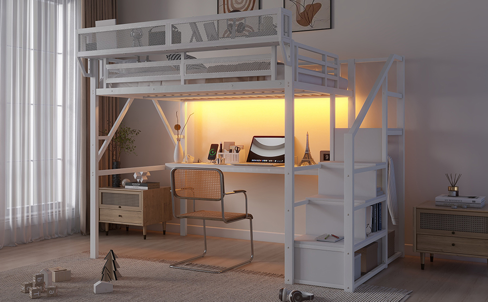 Metal Full Loft Bed With Desk, Charging Station, Stairs And Light