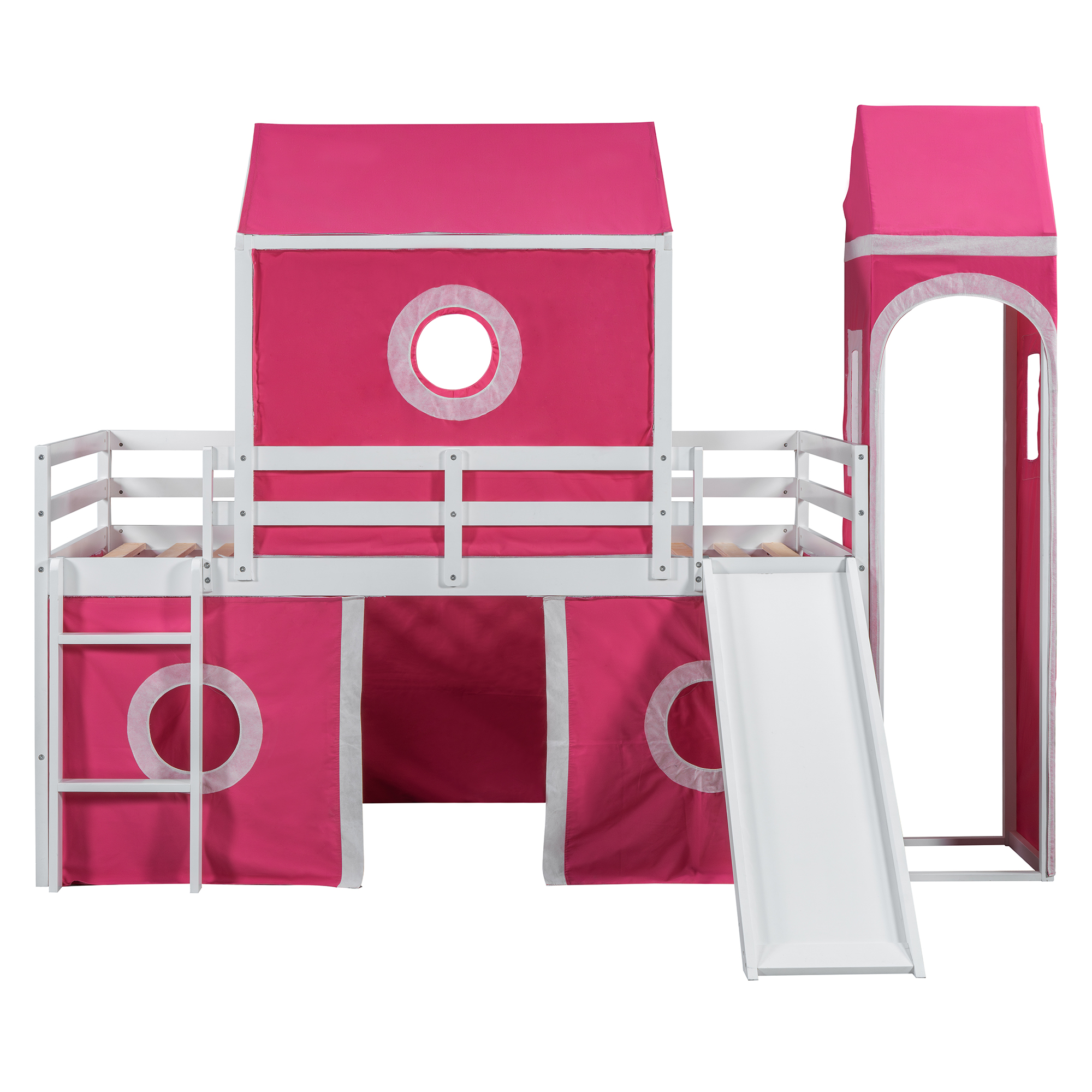 Solid Wood Twin Size Loft Bed With Slide Pink Tent And Tower