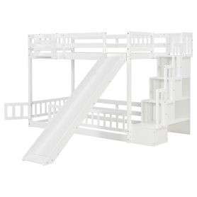 Twin Over Twin Bunk Bed With Slide, Storage Staircase, Bedside Storage Rack, LED Lights