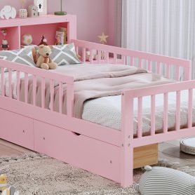 Twin Size Bed with Headboard Storage Rack, Two Under-Bed Drawers, Three-Side Guardrails for Safety and Securit