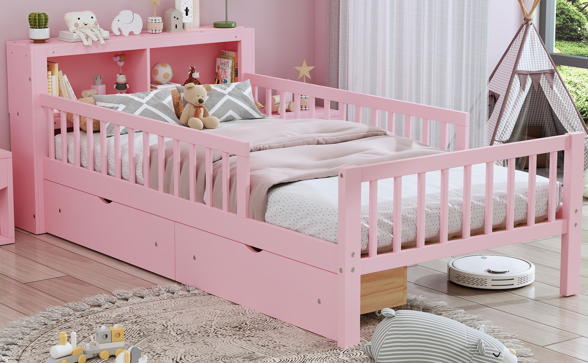 Twin Size Bed with Headboard Storage Rack, Two Under-Bed Drawers, Three-Side Guardrails for Safety and Securit
