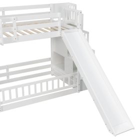 Twin Over Twin Bunk Bed With Slide, Storage Staircase, Bedside Storage Rack, LED Lights
