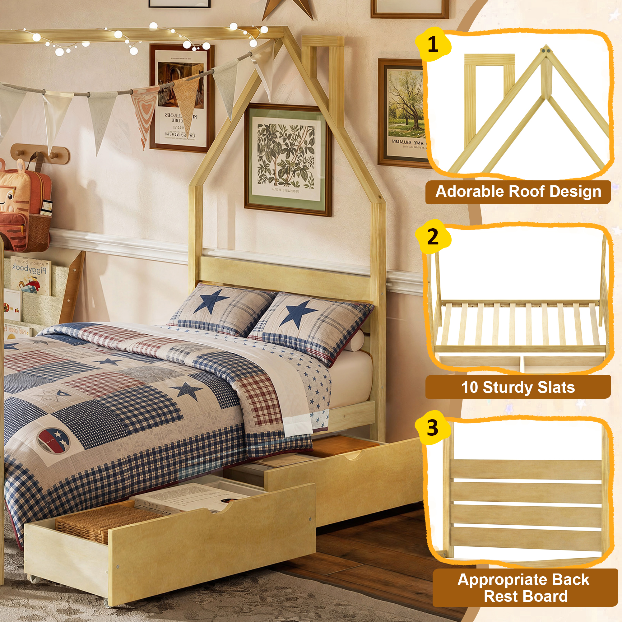 Wood House Shape Twin Montessori Bed with 2 Storage Drawers