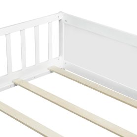 Full Size Rubber Wood Floor Bed with Guardrails, Built-in Book Rack, Door