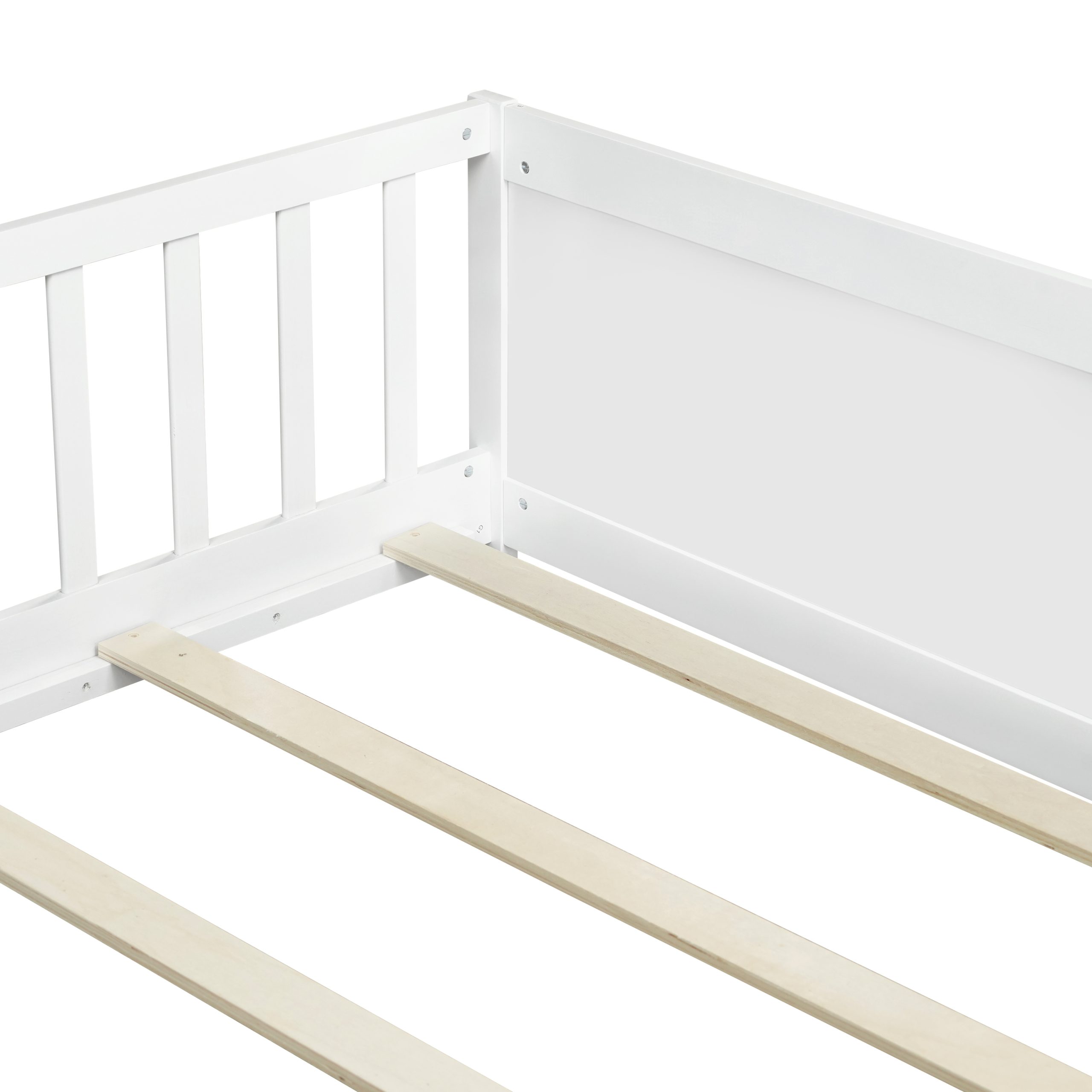 Full Size Rubber Wood Floor Bed with Guardrails, Built-in Book Rack, Door