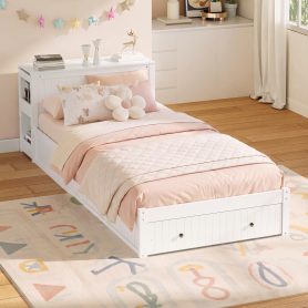 Twin Wood Bed Frame with wide Headboard, Footboard Drawers & Side Shelves