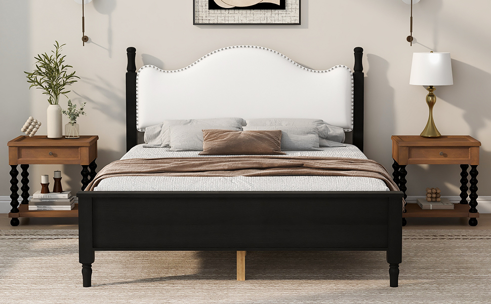Queen Size Wood Platform Bed with Upholstered Headboard