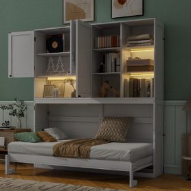 Twin Size Murphy Bed with Top Cabinet, Shelves and Light & USB