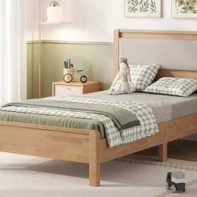 Twin Xl Size Solid Rubber Wooden Bed With Upholstered Headboard