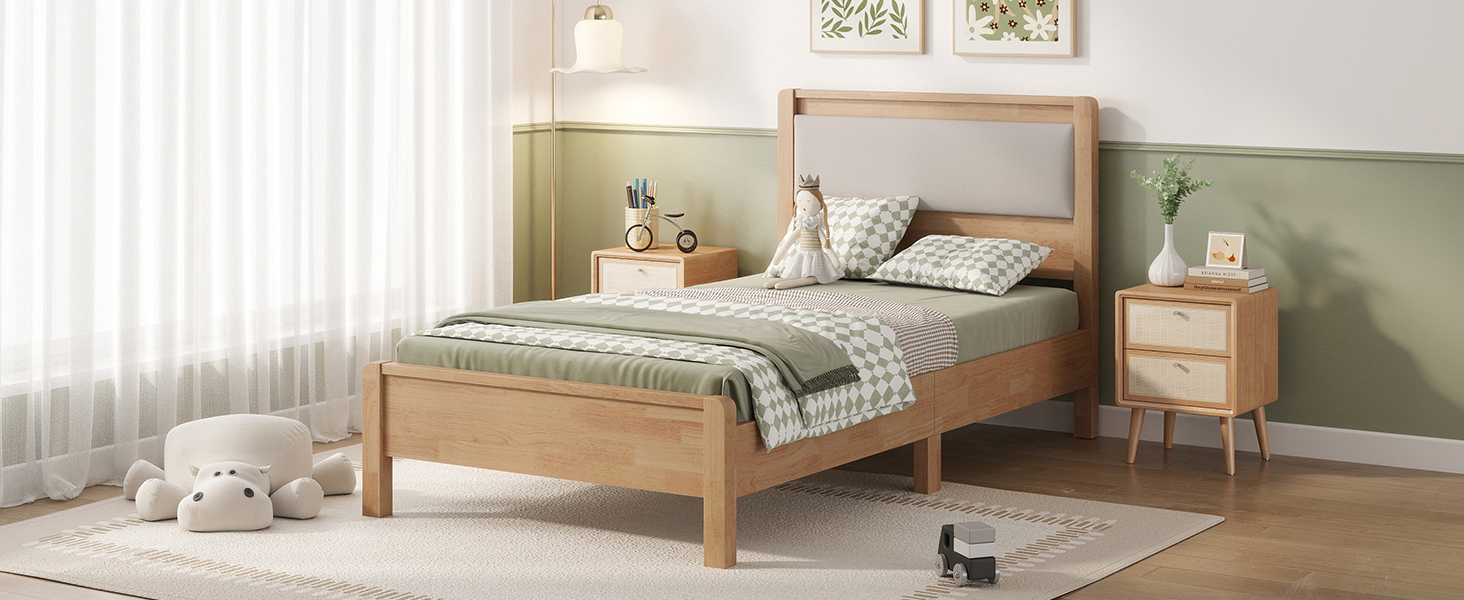 Twin Xl Size Solid Rubber Wooden Bed With Upholstered Headboard