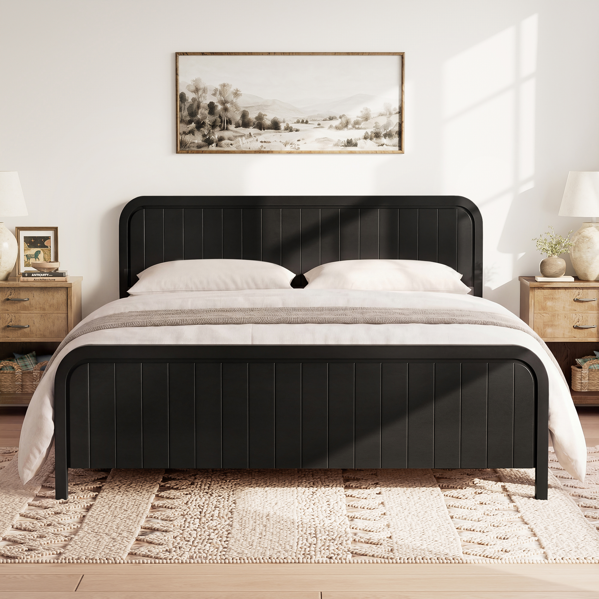 Wood King Bed Frame With Headboard, Noise-free Design, No Box Spring Needed