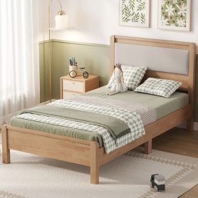 Twin Xl Size Solid Rubber Wooden Bed With Upholstered Headboard