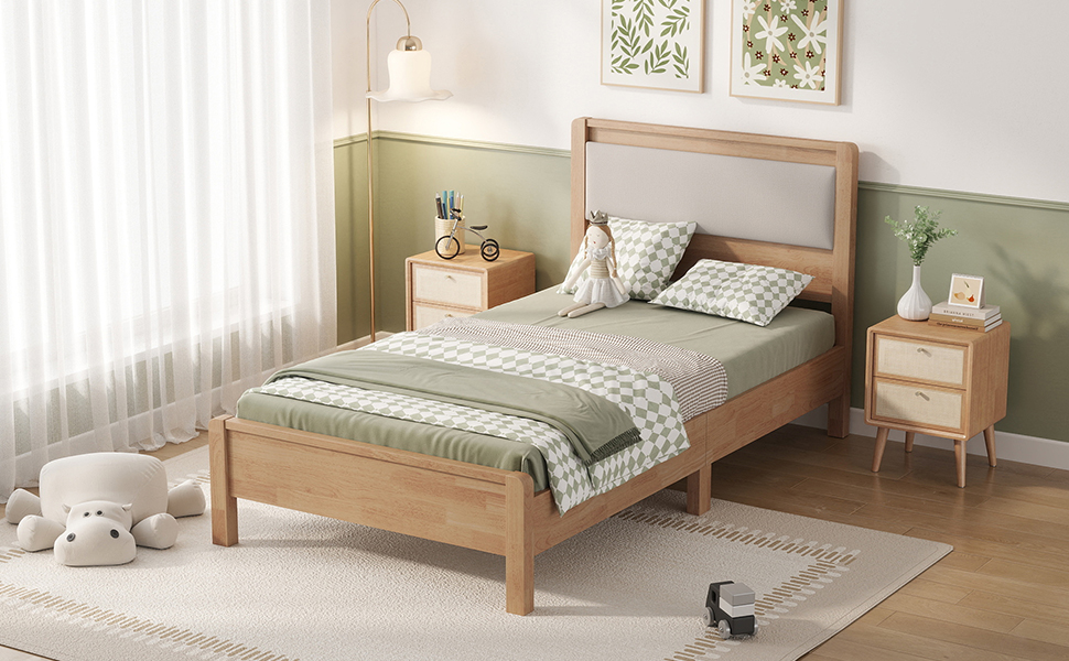 Twin Xl Size Solid Rubber Wooden Bed With Upholstered Headboard