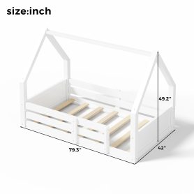 Twin Size House Floor Wooden Bed with House Roof Frame, Fence Guardrails & Grooved Panel Design