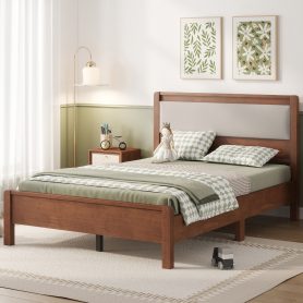 Full Size Solid Rubber Wooden Bed With Upholstered Headboard