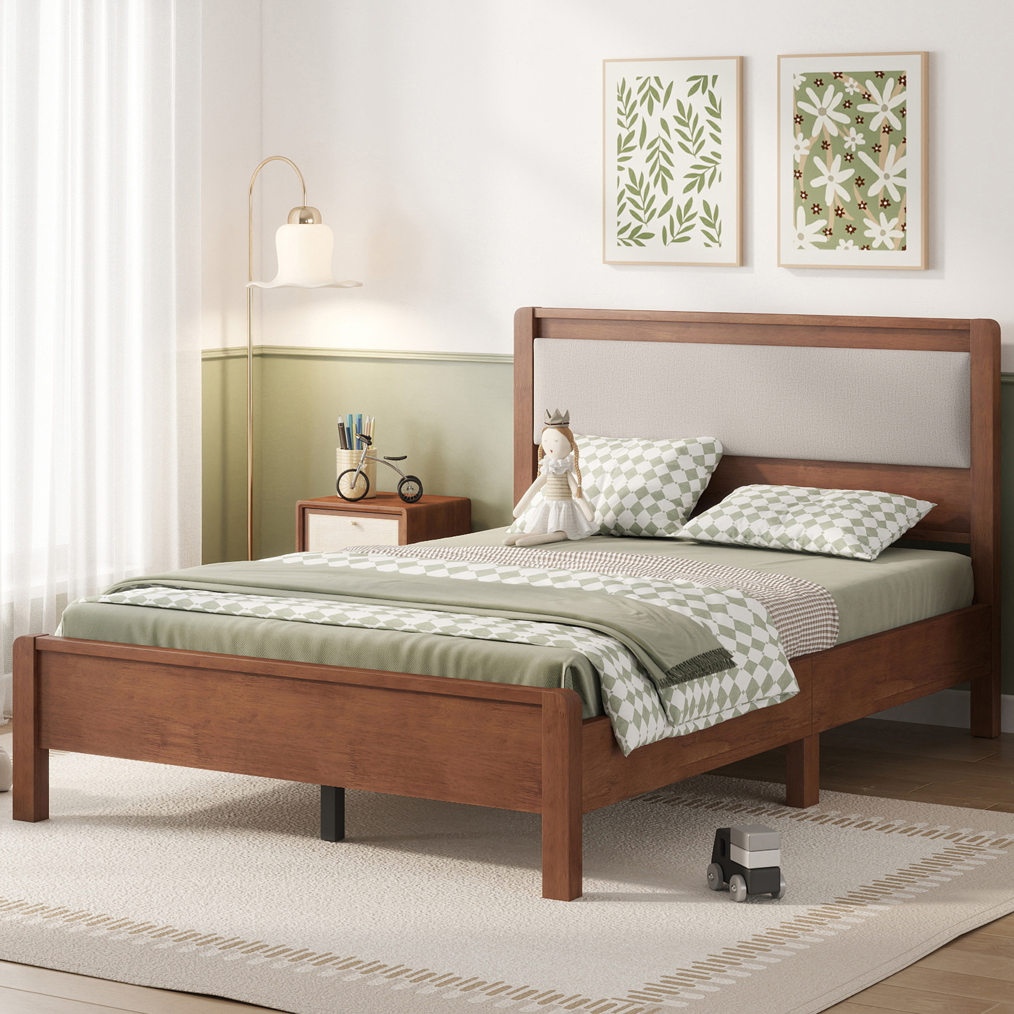 Full Size Solid Rubber Wooden Bed With Upholstered Headboard