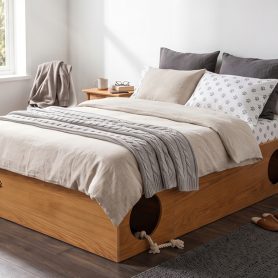 Queen Wood Platform Bed with Removable Headboard, Under-Bed Pet Maze & Private Space, Decorative Footboard, Detachable Slats