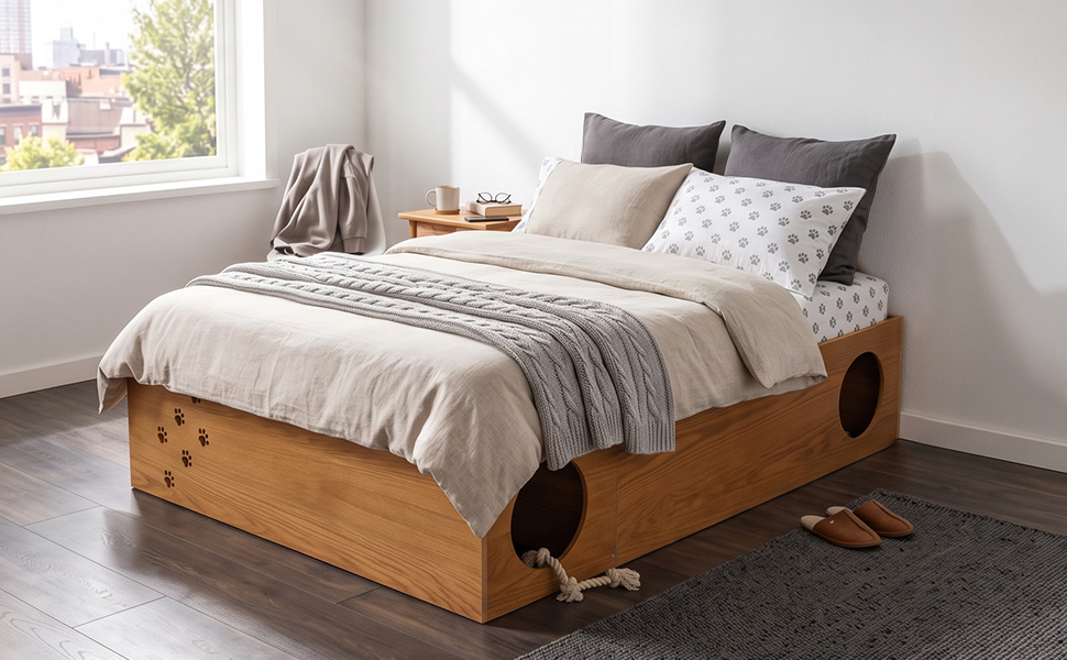 Queen Wood Platform Bed with Removable Headboard, Under-Bed Pet Maze & Private Space, Decorative Footboard, Detachable Slats