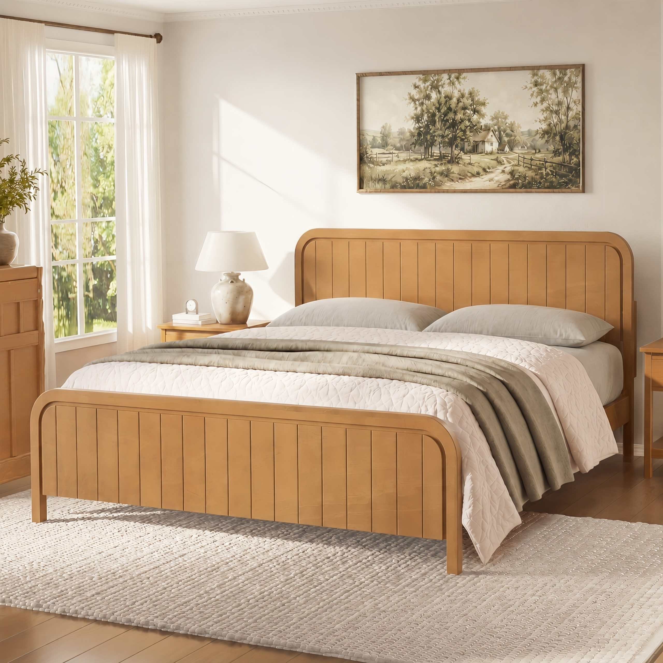 Wood King Bed Frame With Headboard, Noise-free Design, No Box Spring Needed