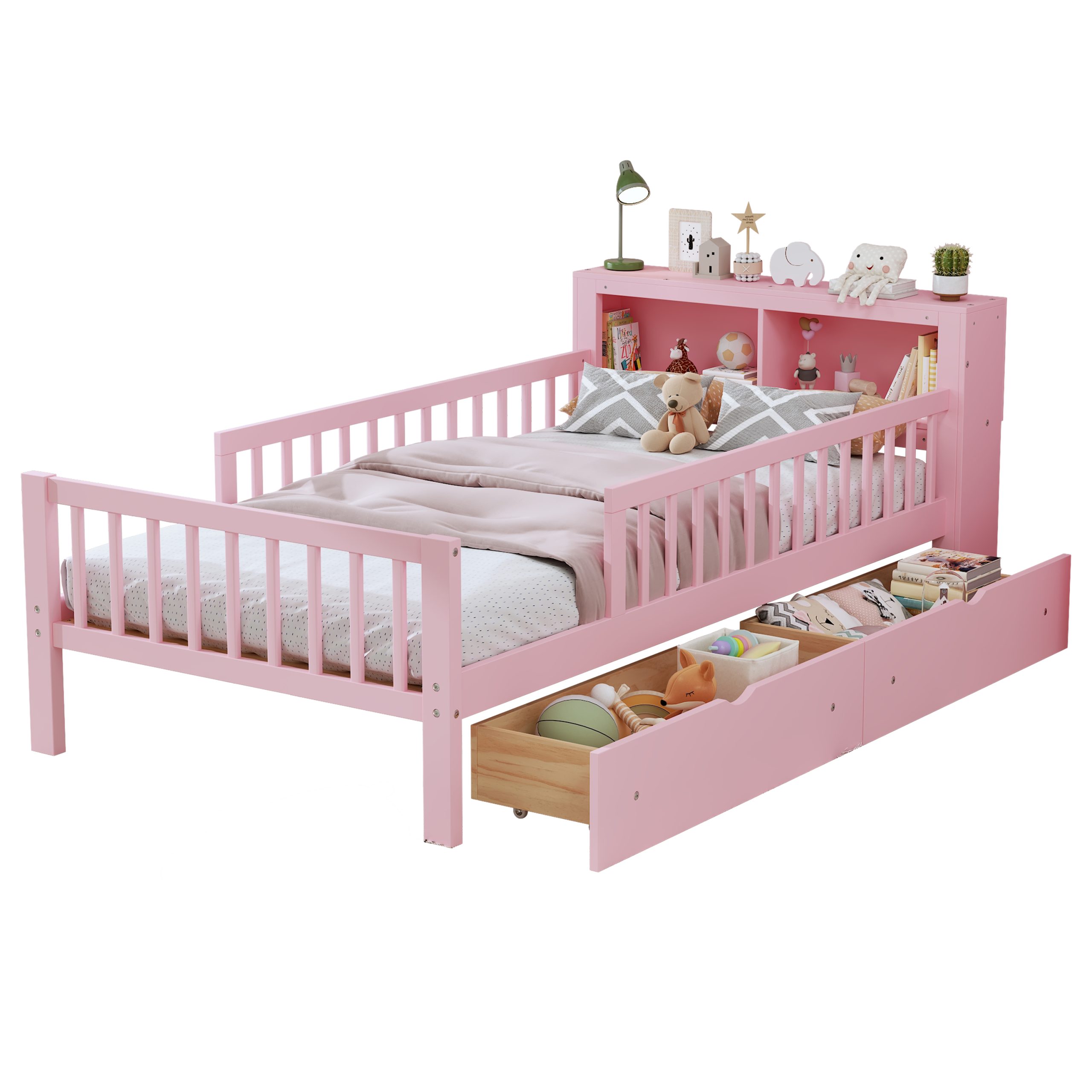 Twin Size Bed with Headboard Storage Rack, Two Under-Bed Drawers, Three-Side Guardrails for Safety and Securit