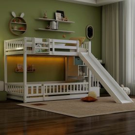 Twin Over Twin Bunk Bed With Slide, Storage Staircase, Bedside Storage Rack, LED Lights