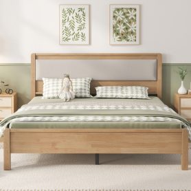 Queen Size Solid Rubber Wooden Bed With Upholstered Headboard